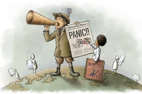 Comic of a man yeling into a bullhorn while holding a newspaper with panic headline about spiders.