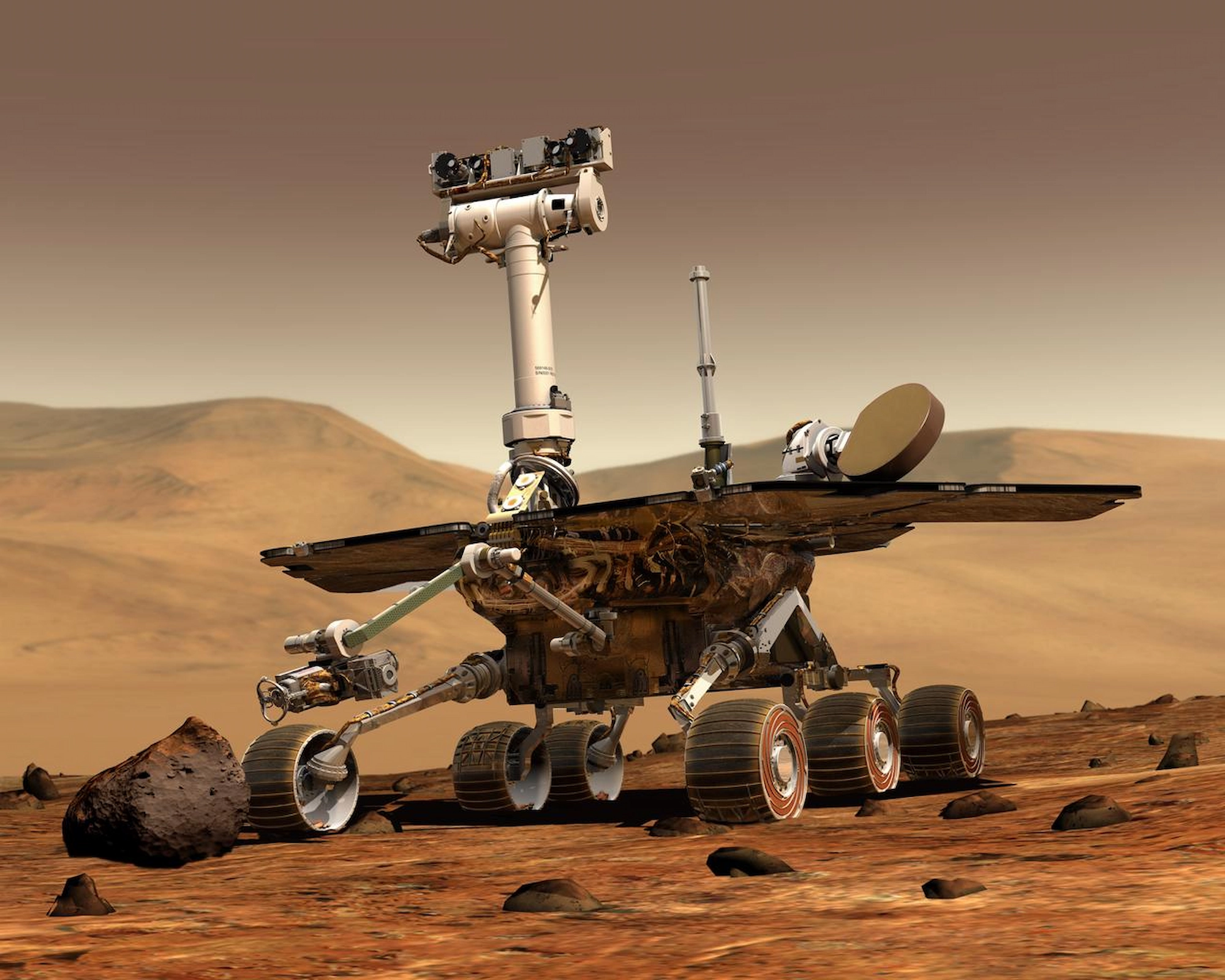 An artist concept portrays a NASA Mars Exploration Rover on the surface of Mars Image credit NASA